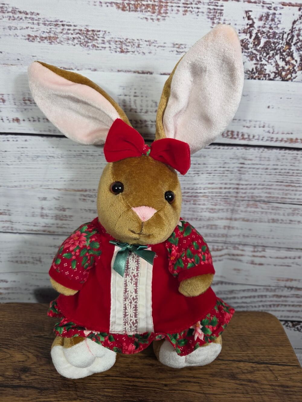 VTG 95" Velveteen Rabbit Christmas Bunny Plush 14" Red Holiday Dress Poinsettia